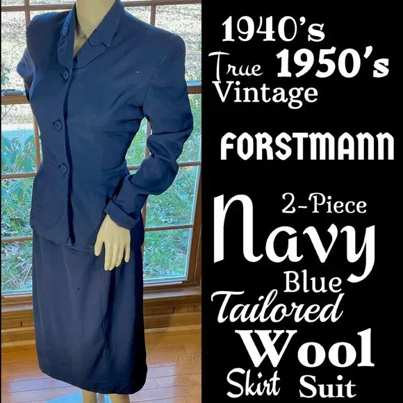 ▪️VTG▪️FORSTMANN▪️1940's 1950's 2-Piece Navy Blue Tailored Wool Skirt Suit - Picture 1 of 15